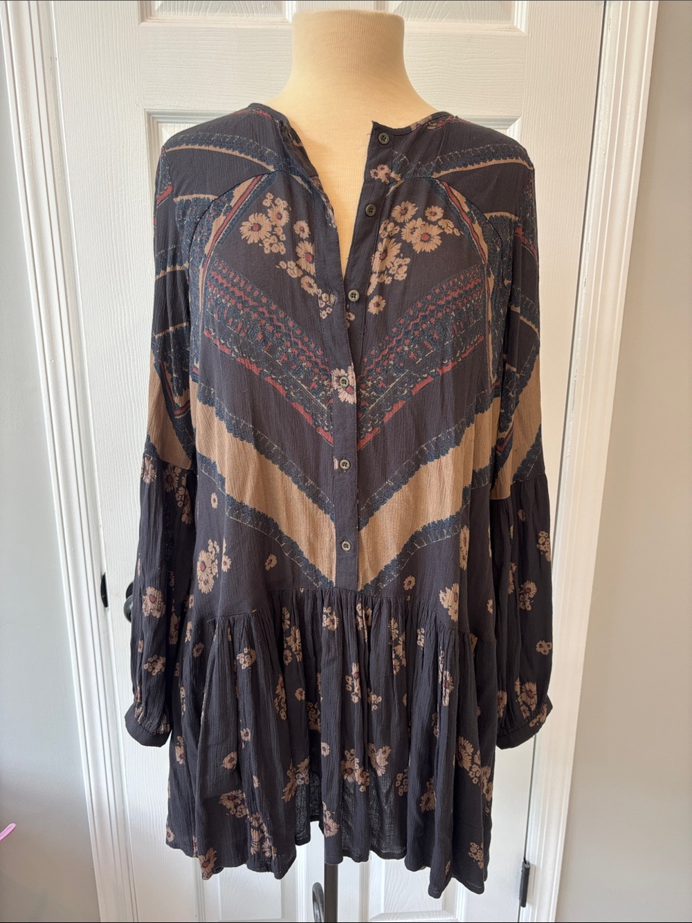 Free People Boho Floral Button-Front Mini Dress in Charcoal and Mauve
